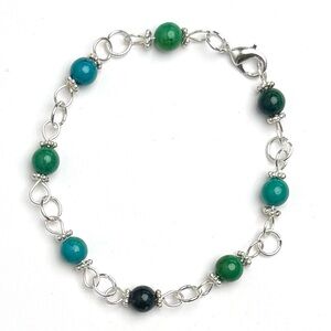 Hand Crafted 6 mm Blue & Green Jasper Beaded Bracelet Silver Toned Hardware